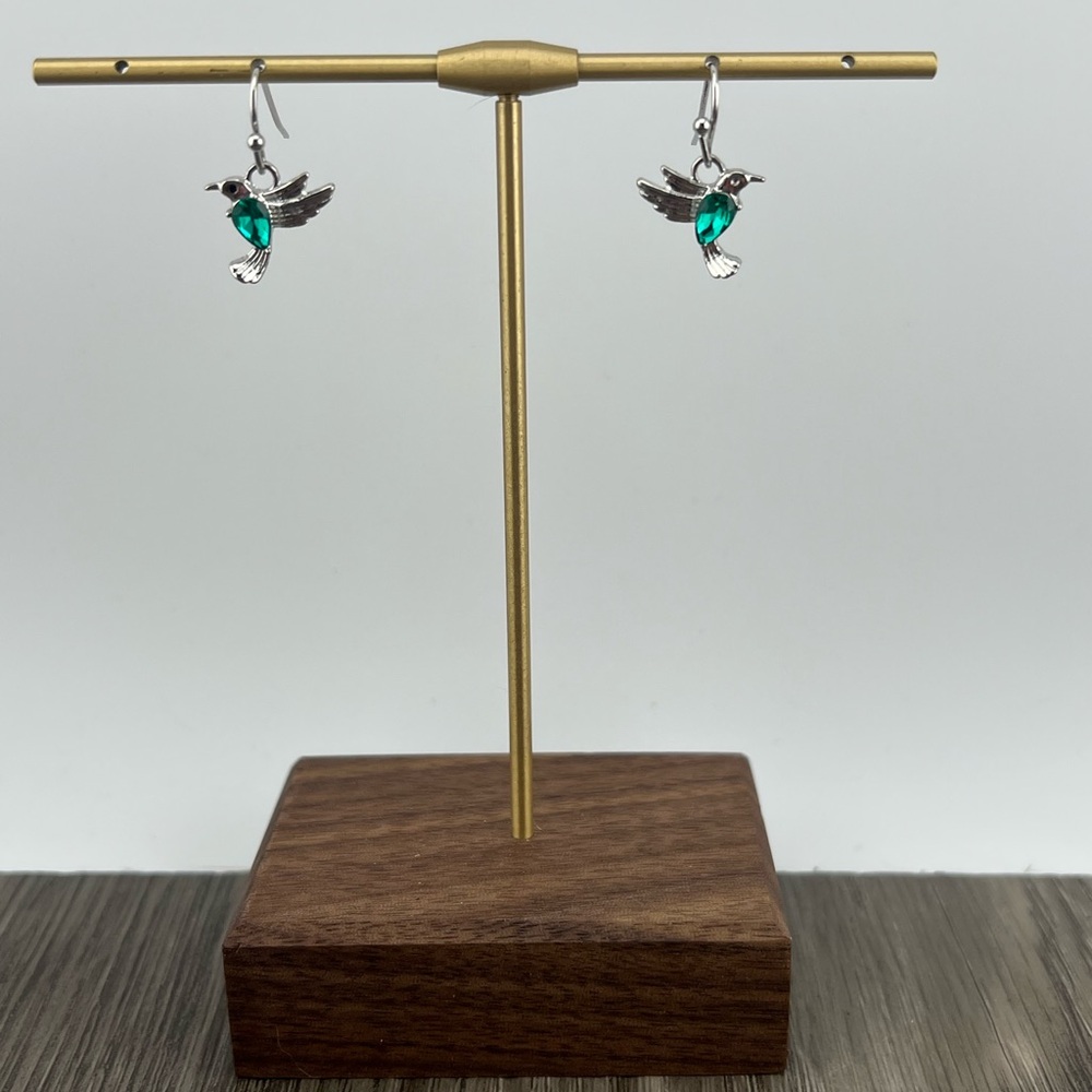 Silver Hummingbird Earrings with Green Gem